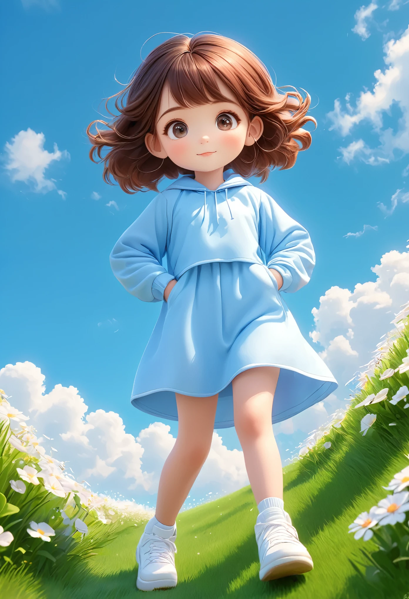1 女の子,明るい緑の背景,茶髪,黒板,美味しさを倍増,スロープ,スロープ background,草の上の小さな花,青い空と白い雲，3D