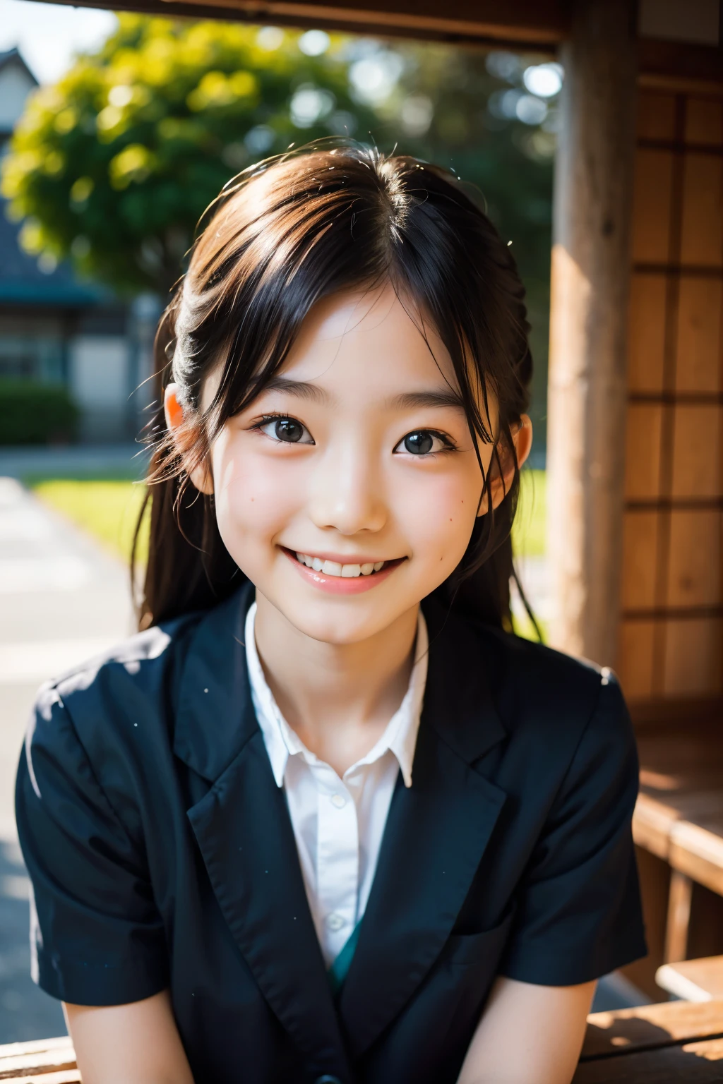 lente: 135 mm f1.8, (de la máxima calidad),(Fotos CRUDAS), (Mesa:1.1), (Preciosa niña japonesa de 9 años), Cara linda, (Cara profundamente cincelada:0.7), (pecas:0.4), dappled luz de sol, iluminación dramática, (uniforme escolar japonés), (en el campus), tímido, (fotografía de cerca:1.2), (sonrisa),, (ojos chispeantes)、(luz de sol)