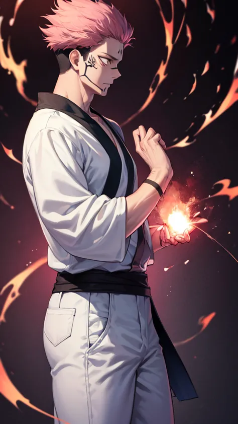 1 man, Ryomen Sukuna, Jujutsu Kaisen, using fire powers on hands, muscules in body, Hakama white pants , pink hair, short hair, ...