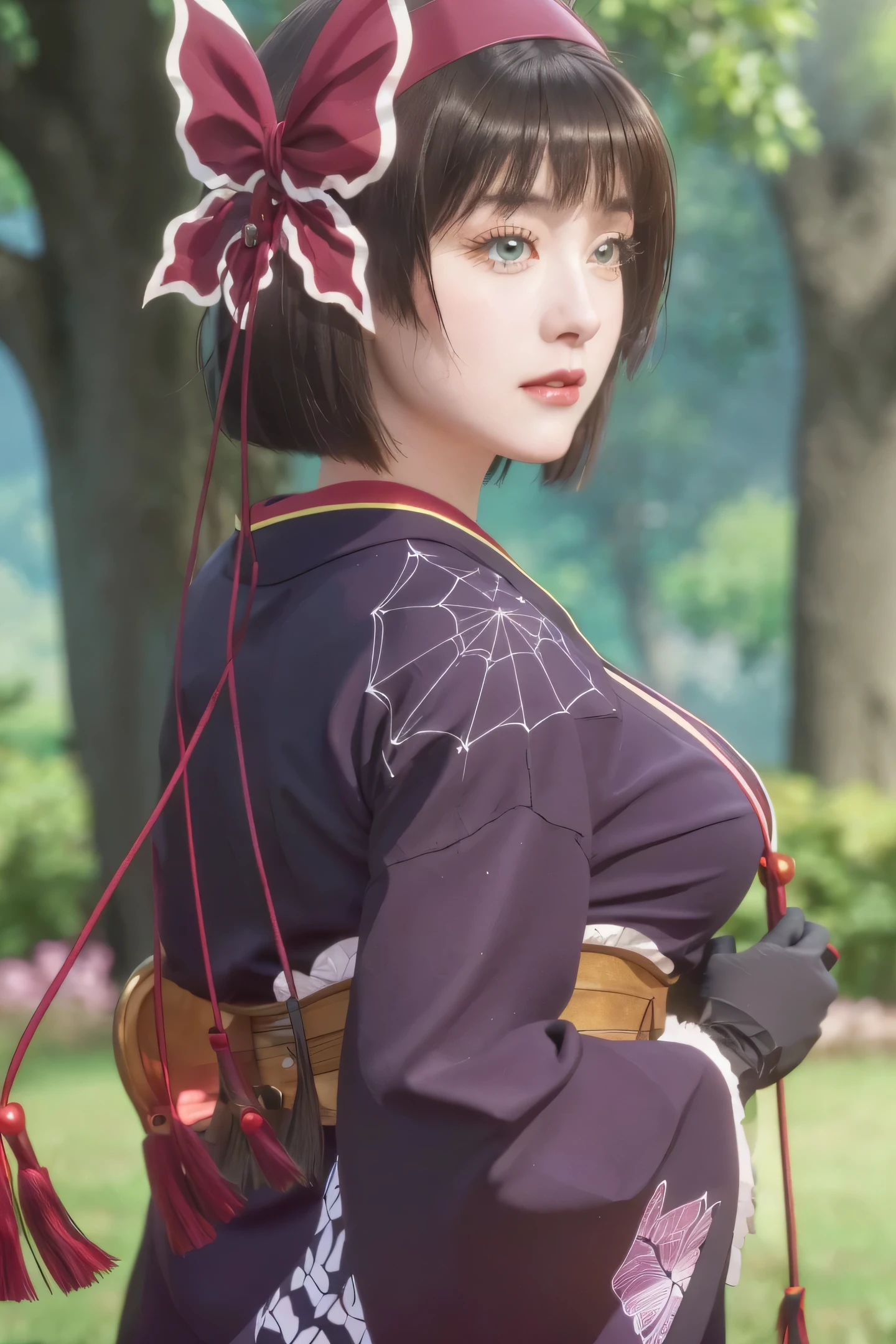 (masterpiece:1.2, best quality), (finely detailed beautiful eyes: 1.2), (extremely detailed CG unity 8k wallpaper, masterpiece, best quality, ultra-detailed),1girl,   dutch angle, mio, large breasts, hairband, japanese clothes,  purple kimono , black gloves, hair bow,spider web print, sash , obi, hair ribbon,  High contrast, (best illumination, an extremely delicate and beautiful),(simple backround, outdoors,  front on),  beautiful detailed glow, (beautiful detailed face, beautiful detailed eyes)