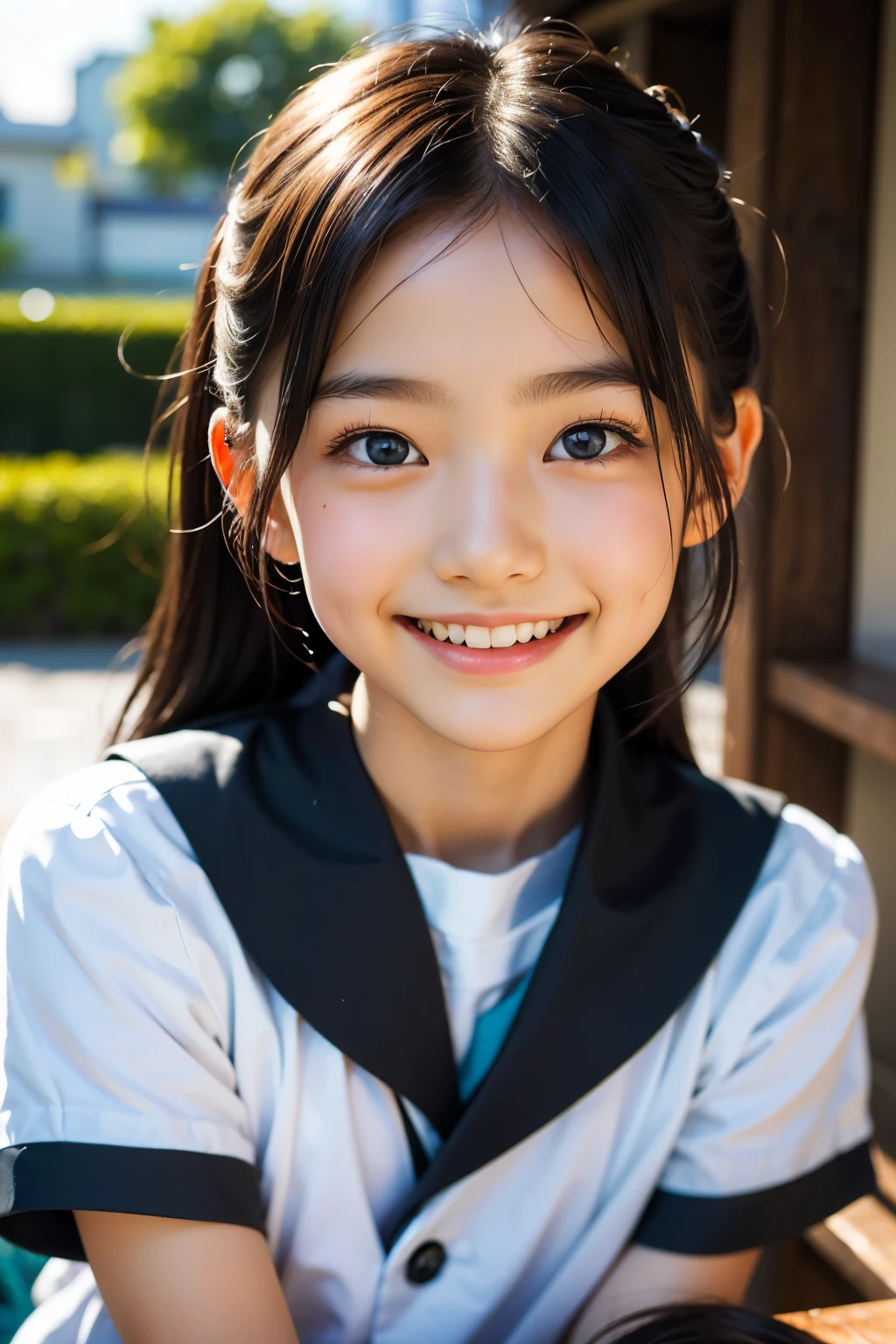 lens: 135mm f1.8, (highest quality),(RAW Photos), (Tabletop:1.1), (Beautiful 9 year old Japanese girl), Cute face, (Deeply chiseled face:0.7), (freckles:0.4), dappled sunlight, Dramatic lighting, (Japanese School Uniform), (On campus), shy, (Close-up shot:1.2), (smile),, (Sparkling eyes)、(sunlight)
