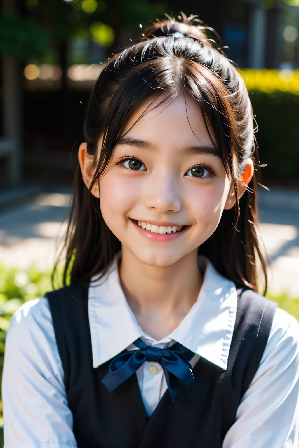 lens: 135mm f1.8, (highest quality),(RAW Photos), (Tabletop:1.1), (Beautiful 9 year old Japanese girl), Cute face, (Deeply chiseled face:0.7), (freckles:0.4), dappled sunlight, Dramatic lighting, (Japanese School Uniform), (On campus), shy, (Close-up shot:1.2), (smile),, (Sparkling eyes)、(sunlight)