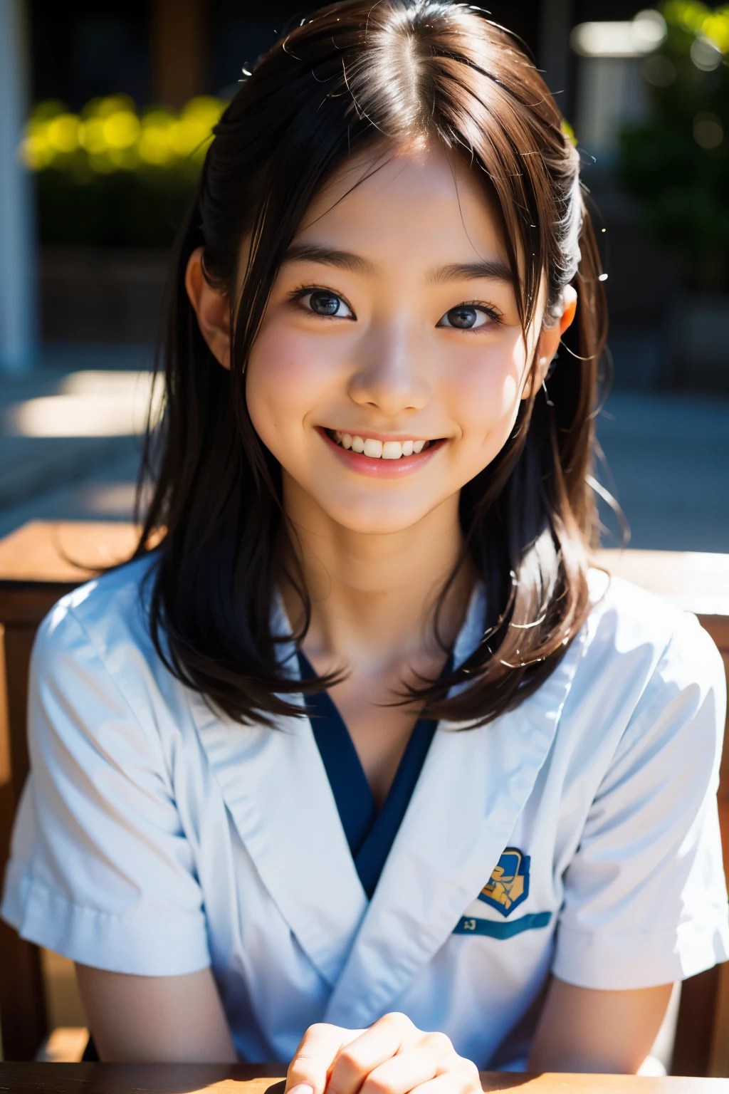 lente: 135mm f1.8, (mais alta qualidade),(Fotos RAW), (Mesa:1.1), (Linda menina japonesa de 4 anos), rosto fofo, (Rosto profundamente esculpido:0.7), (sardas:0.4), dappled luz solar, iluminação dramática, (uniforme escolar japonês), (No campus), tímido, (close-up:1.2), (Sorriso),, (olhos brilhantes)、(luz solar)