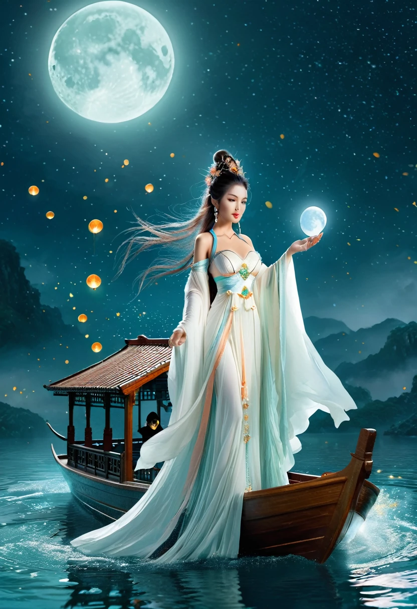 Anime girl in a white dress floating a boat in the water，Fantasy，Moon Goddess，Beautiful fantasy queen,  by Yang J, Chinese Fantasy，Beautiful girl，Sea Queen Mu Yanling，Moon Goddess，Moon Goddess，Flowing magic robe，Beautiful fairy wizard, by Leng Mei, ((a beautiful fantasy empress))