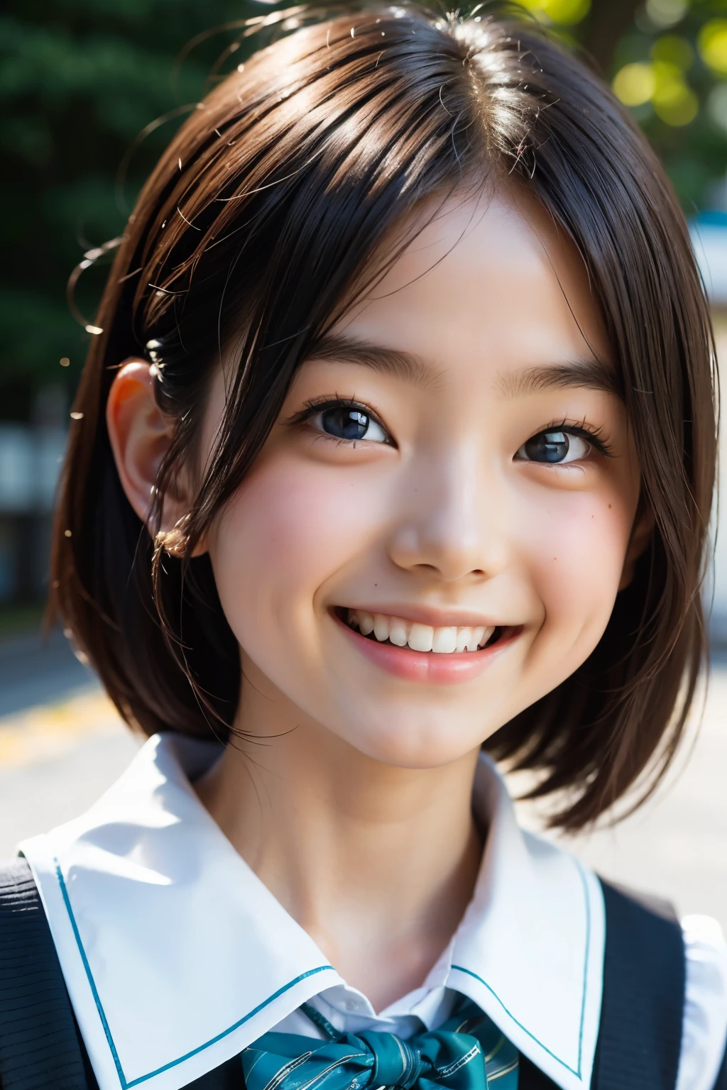 lens: 135mm f1.8, (höchste Qualität),(RAW-Fotos), (Tischplatte:1.1), (Schönes 3-jähriges japanisches Mädchen), niedliches Gesicht, (Tief gemeißeltes Gesicht:0.7), (Sommersprossen:0.4), dappled Sonnenlicht, dramatische Beleuchtung, (japanische schuluniform), (Auf dem Campus), schüchtern, (Nahaufnahme:1.2), (lächeln),, (leuchtende Augen)、(Sonnenlicht)
