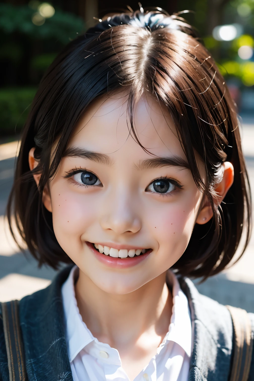 lente: 135mm f1.8, (mais alta qualidade),(Fotos RAW), (Mesa:1.1), (Linda menina japonesa de 3 anos), rosto fofo, (Rosto profundamente esculpido:0.7), (sardas:0.4), dappled luz solar, iluminação dramática, (uniforme escolar japonês), (No campus), tímido, (close-up:1.2), (Sorriso),, (olhos brilhantes)、(luz solar)