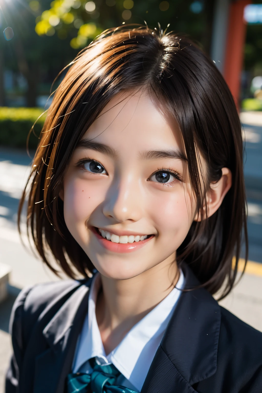 lente: 135mm f1.8, (mais alta qualidade),(Fotos RAW), (Mesa:1.1), (Linda garota japonesa de 13 anos), rosto fofo, (Rosto profundamente esculpido:0.7), (sardas:0.4), dappled luz solar, iluminação dramática, (uniforme escolar japonês), (No campus), tímido, (close-up:1.2), (Sorriso),, (olhos brilhantes)、(luz solar)