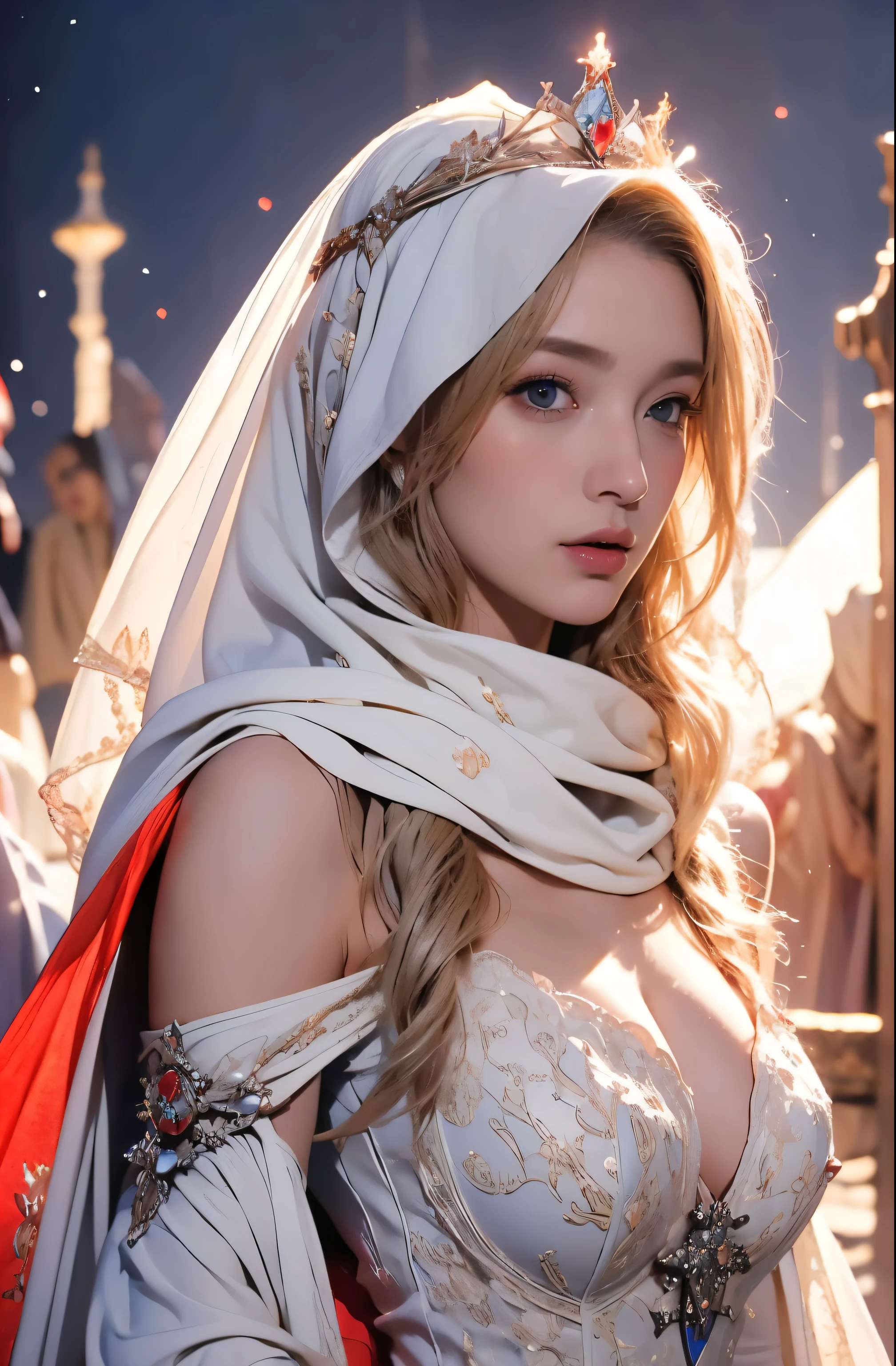  princess, Full body, wearing a hijab , crown luxury , blue eye, blond hair, around 17 years old, (red silver hijab), tmasterpiece，Best quality at best，A high resolution，8K，((Portrait))，(upper body)，Original photo，real photograph，digital photography，(Female princess in the medieval fantasy style)，(Medieval princess in fantasy style), sexy princess ，blue eye， super colossal brest, pointy colossal breast extravagant ornament，cparted lips，Keep your mouth shuegant and charming，((Blushing))，virgin contempt，Calm and handsome，(Medieval fantasy dress，The Beautiful super huge pointy breast, small waist, perfect colossal breast of princess body, a blue delicate pattern，red Cloak)，(princes medieval character medieval fantasy style，oc render reflection texture, sexy style,  sexy colossal breast , medieval castle background, slim body, very small waist, (erect nipples see trough dress) Off-shoulder see-through white long dress