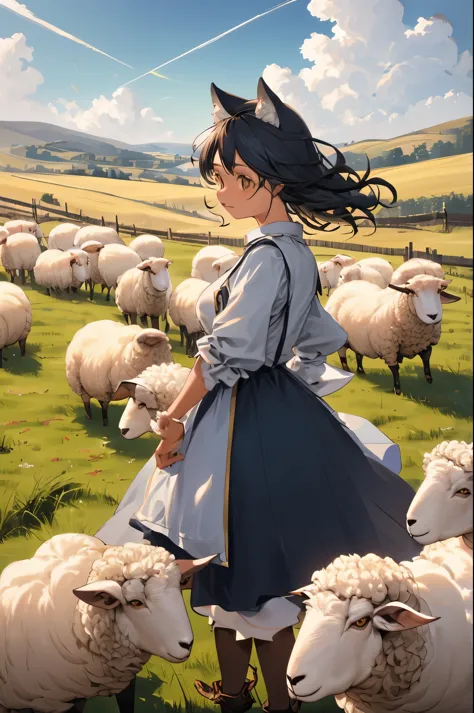 A shepherdess with her flock of sheep following her, open and vast field of grass, sky as blue as possible with smoky clouds, ((...
