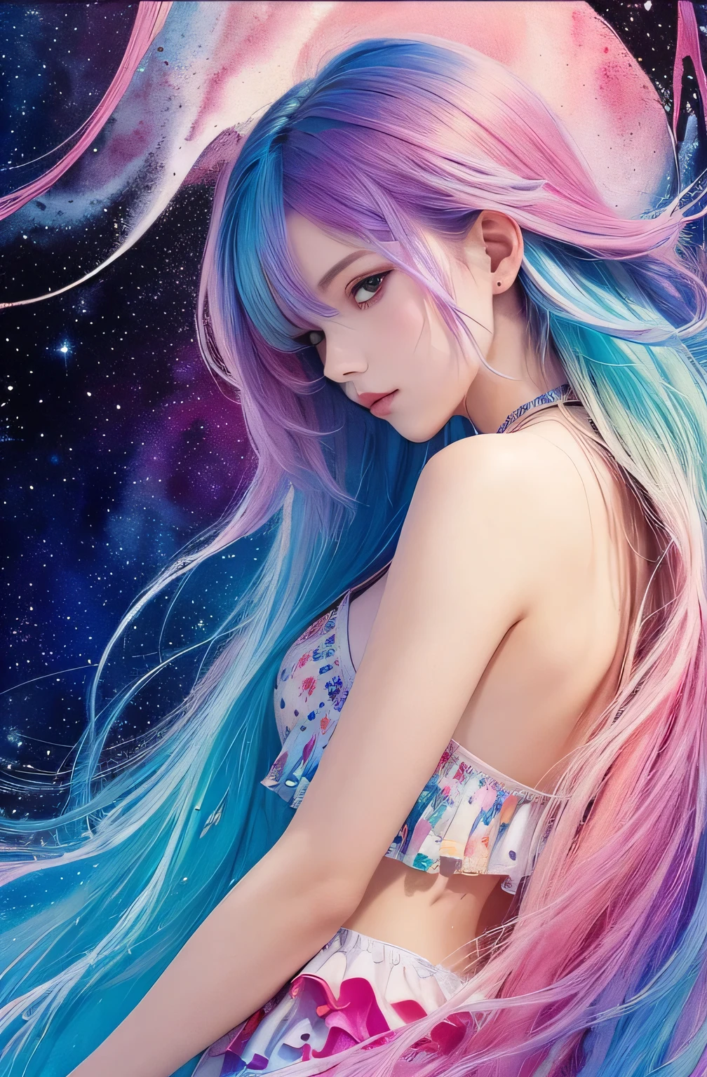 (masterpiece, highest quality, highest quality,watercolor (Moderate),Official Art, beautifully、aesthetic:1.2),(One girl:1.3), (Fractal Art:1.3),Upper Body, From the side, View your viewers,pattern,(Rainbow Hair,colorful hair,Half Blue、Half pink hair:1.2),water,liquid, cloud,colorful, Starry sky,performer,looking at the camera,Full body