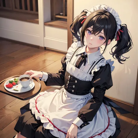 maleのmaid, male, male, male, juvenile,juvenile, maid, maid服を着ているjuvenile, coffee on a tray, (((masterpiece:1.4))), (highest qual...