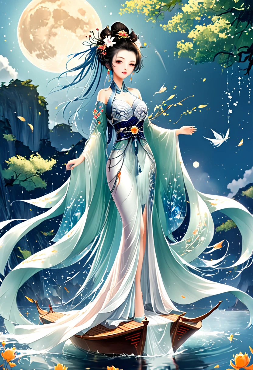 Anime girl in a white dress floating a boat in the water，Fantasy，Moon Goddess，Beautiful fantasy queen,  by Yang J, Chinese Fantasy，Beautiful girl，Sea Queen Mu Yanling，Moon Goddesoon Goddess，Flowing magic robe，Beautiful fairy wizard, by Leng Mei, ((a beautiful fantasy empress))