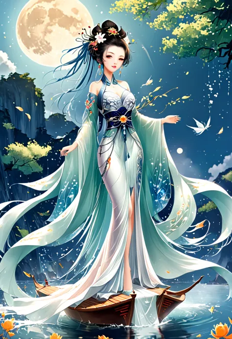 Anime girl in a white dress floating a boat in the water，Fantasy，Moon Goddess，Beautiful fantasy queen,  by Yang J, Chinese Fanta...