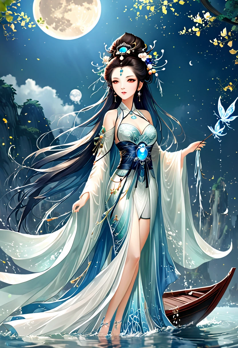 Anime girl dans une robe blanche flottant un bateau dans l&#39;eau，fantaisie，déesse de la lune，Belle reine fantastique,  par Yang J., Chinese fantaisie，belle fille，reine des mers Mu Yanling，Déesse de la LuneDéesse de la Lune，Robe magique fluide，Magnifique sorcier féerique, par Leng Mei, ((une belle impératrice fantastique))