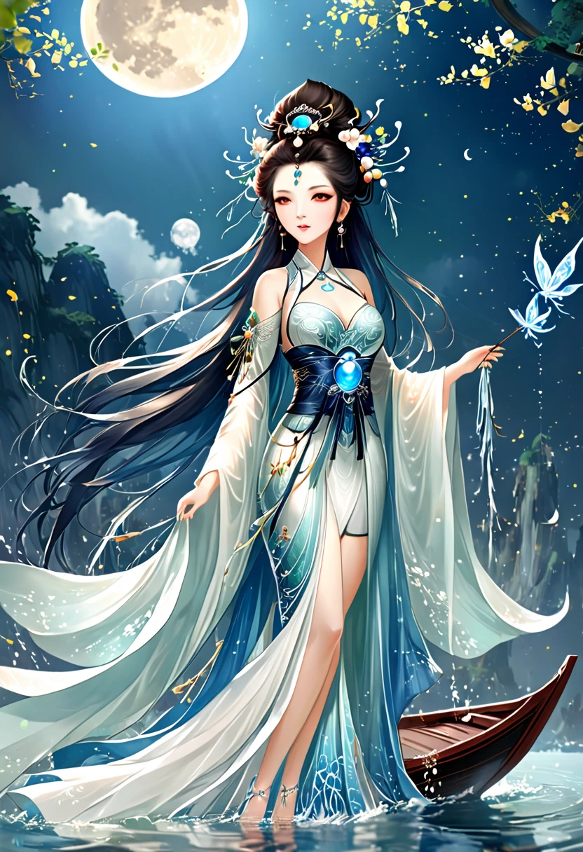 Anime girl in a white dress floating a boat in the water，Fantasy，Moon Goddess，Beautiful fantasy queen,  by Yang J, Chinese Fantasy，Beautiful girl，Sea Queen Mu Yanling，Moon Goddess，Moon Goddess，Flowing magic robe，Beautiful fairy wizard, by Leng Mei, ((a beautiful fantasy empress))