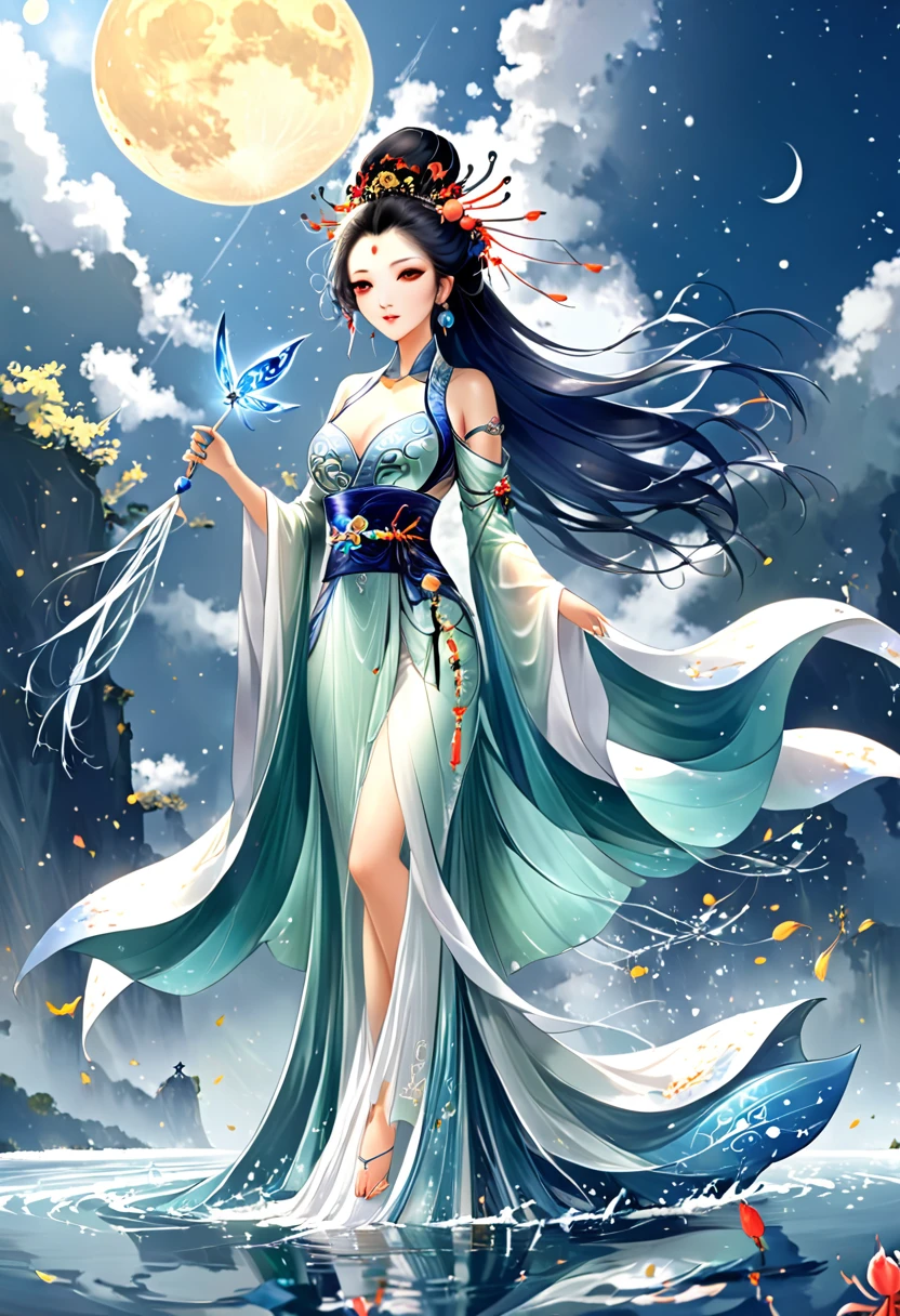 Anime girl in a white dress floating a boat in the water，Fantasy，Moon Goddess，Beautiful fantasy queen,  by Yang J, Chinese Fantasy，Beautiful girl，Sea Queen Mu Yanling，Moon Goddess，Moon Goddess，Flowing magic robe，Beautiful fairy wizard, by Leng Mei, ((a beautiful fantasy empress))