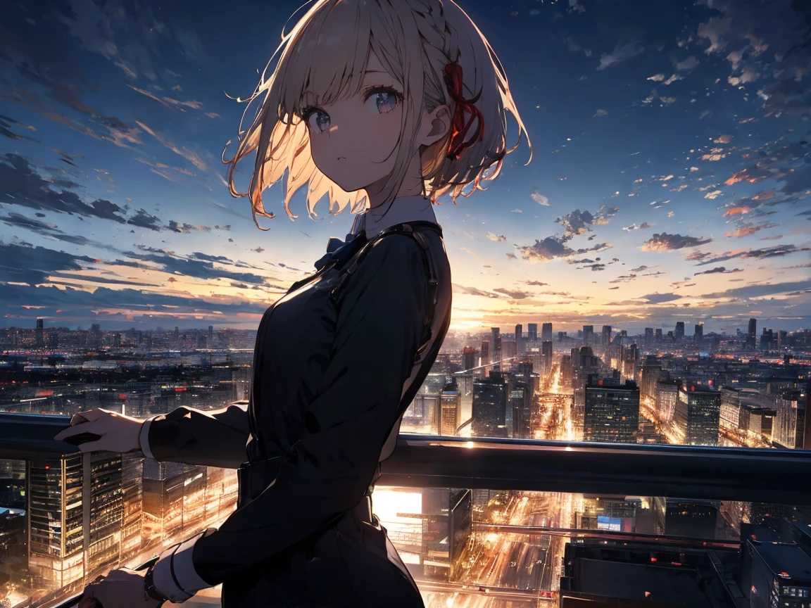 Tabletop, highest quality, figure, wallpaper, Super detailed, Absurd, 1, alone, (Medium Short Hair、Short braided hair), Beautiful fine details, (street), Bright Sky, (Panoramic View:1.3), (Depth:1.5)