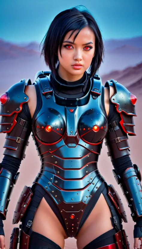 ((best quality)), ((masterpiece)), (detailed), perfect face, a girl wearing heavy armor, sci-fi armor, dessert background, black...