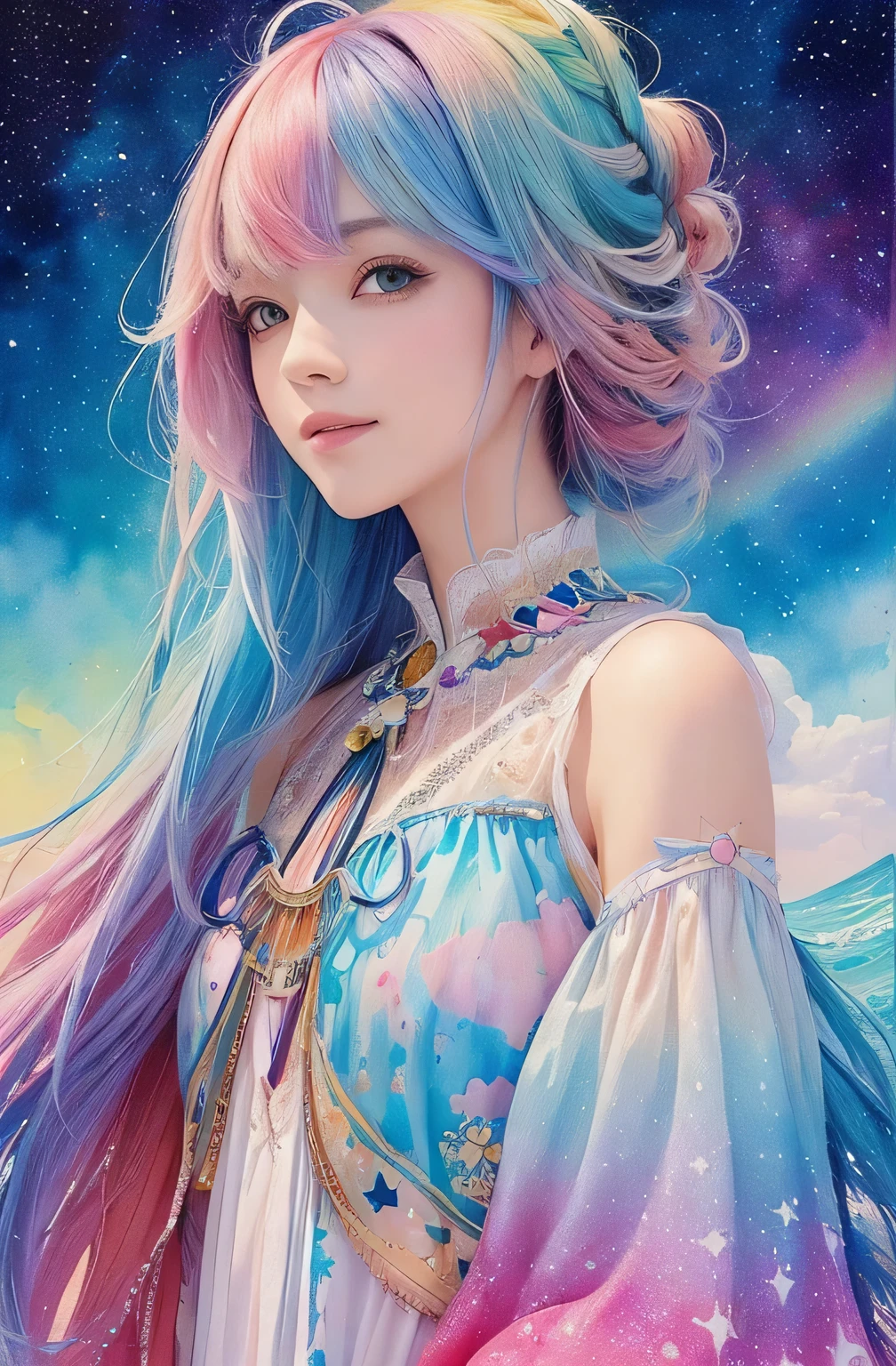 (masterpiece, highest quality, highest quality,watercolor (Moderate),Official Art, beautifully、aesthetic:1.2),(One girl:1.3), (Fractal Art:1.3),Upper Body,, View your viewers,pattern,(Rainbow Hair,colorful hair,Half Blue、Half pink hair:1.2),water,liquid, cloud,colorful, Starry sky,performer,from the front,Smile,See-through costume