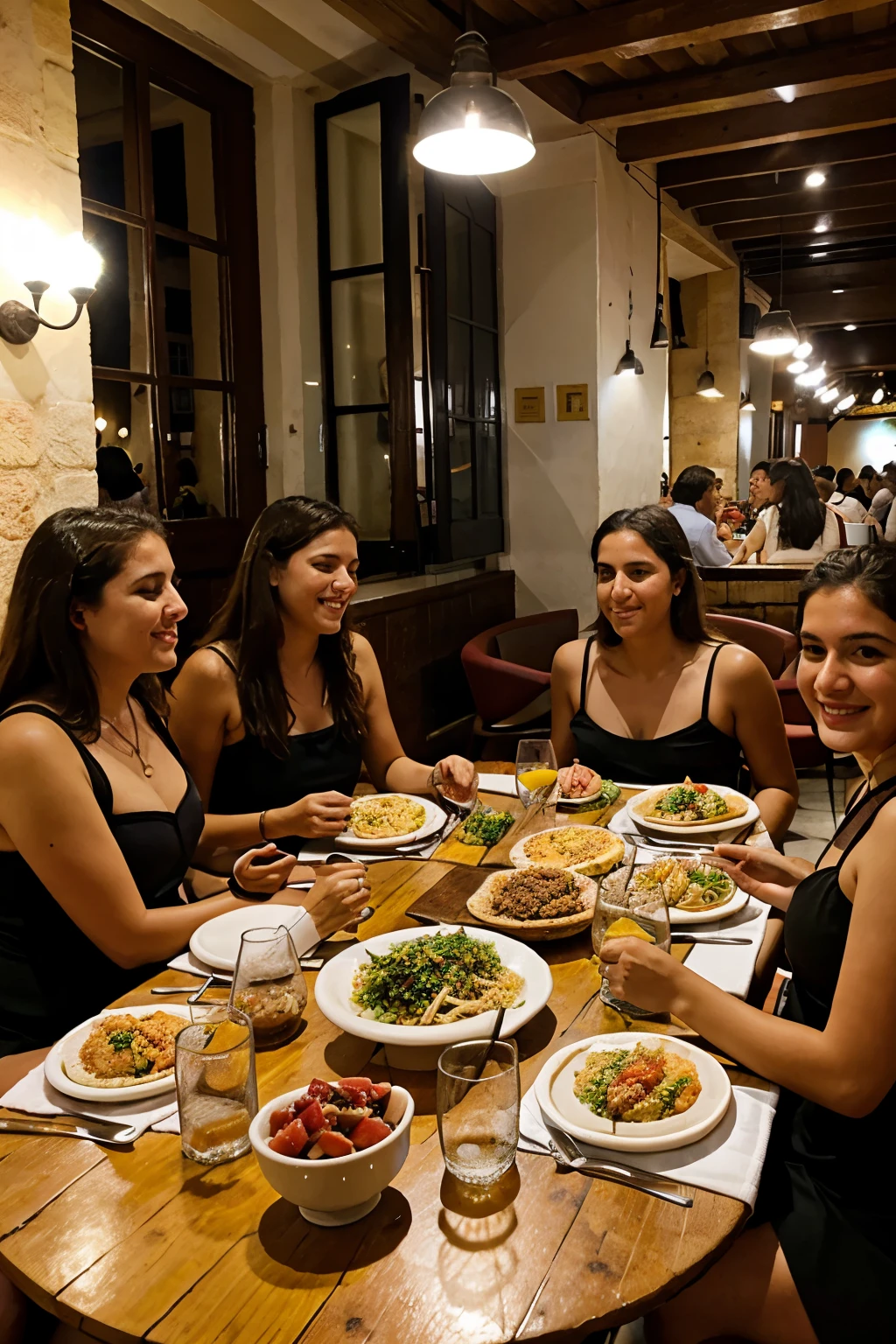 Várias mulheres sentadas à mesa comendo e bebendo vinho - SeaArt AI