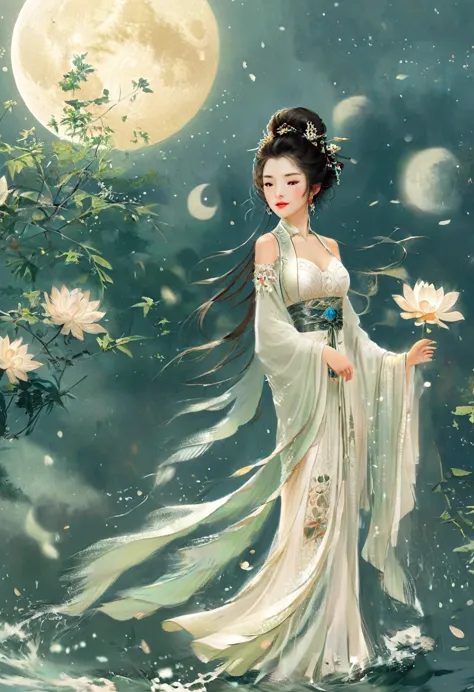 anime girl in a white dress floating a boat in the water，fantasy，moon goddess，beautiful fantasy queen,  by yang j, chinese fanta...