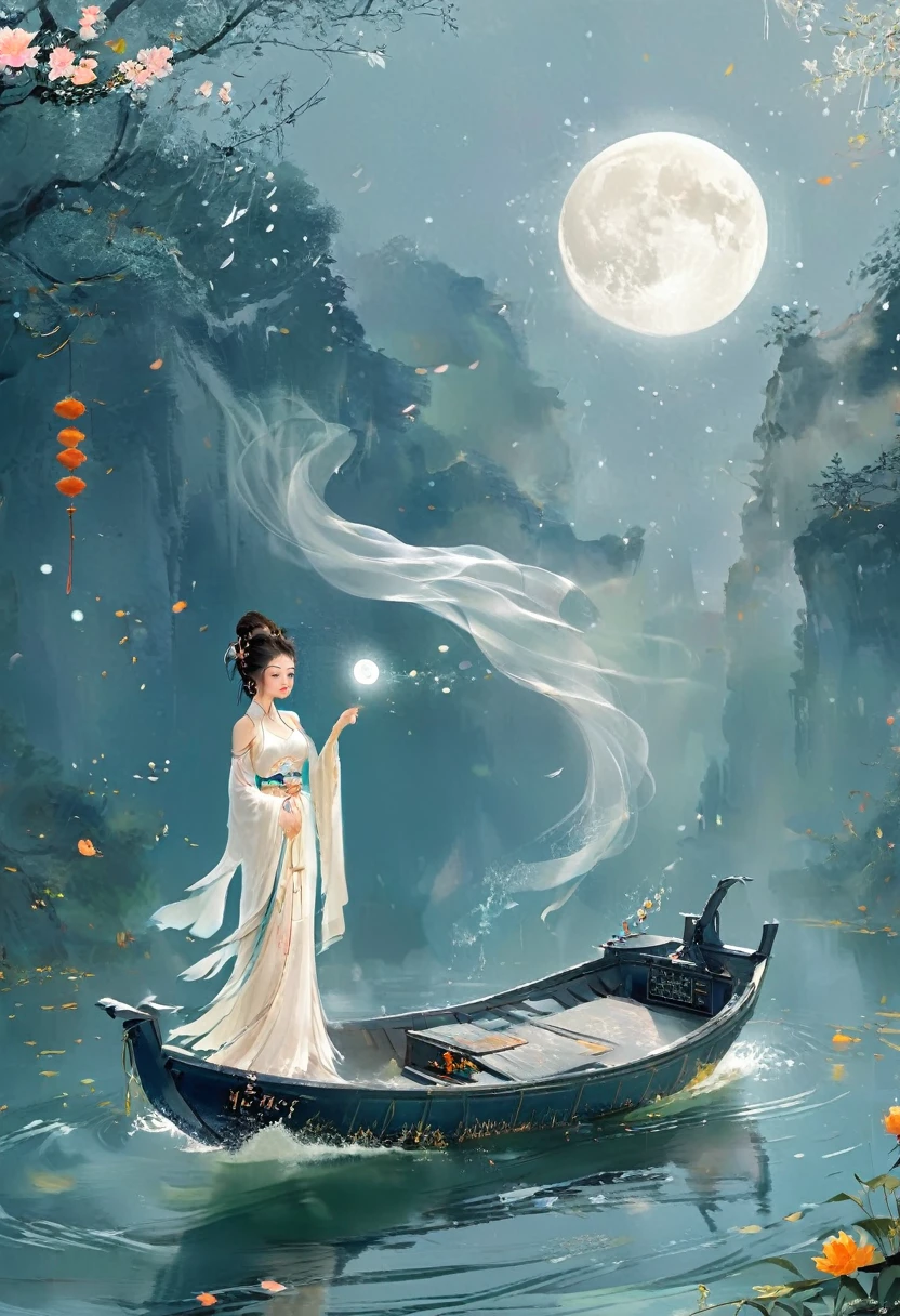 Anime-Mädchen in einem weißen Kleid, das ein Boot im Wasser schwimmt，Fantasie，Mond-Göttin，schöne Fantasiekönigin,  von Yang J, Chinese Fantasie，schönes Mädchen，Meereskönigin Mu Yanling，Mond-Göttin，Mond-Göttin，Fließendes magisches Gewand，Schöner Feenzauberer, Von Leng Mei, ((eine wunderschöne Fantasiekaiserin))