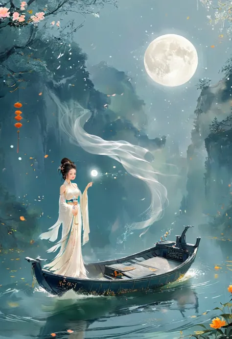 Anime girl in a white dress floating a boat in the water，Fantasy，Moon Goddess，Beautiful fantasy queen,  by Yang J, Chinese Fanta...