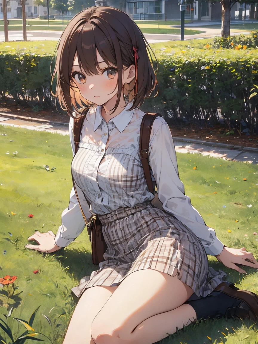 1girl, young, very short worn unbuttoned gingham sundress, unbuttoned, brown hair, short hair, thick thighs, warm summer day, front lawn