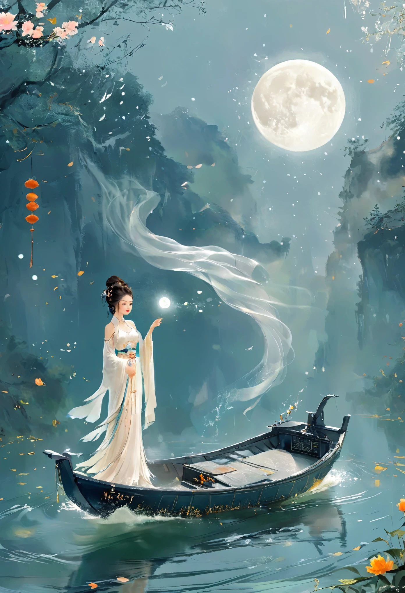 물속에 보트를 떠다니는 하얀 드레스를 입은 애니메이션 소녀，공상，달의 여신，아름다운 판타지 여왕,  by 양제이, Chinese 공상，아름다운 소녀，바다의 여왕 무옌링，달의 여신 순 여신，흐르는 마법의 로브，아름다운 요정 마법사, 작성자: 렝 메이, ((아름다운 환상의 황후))