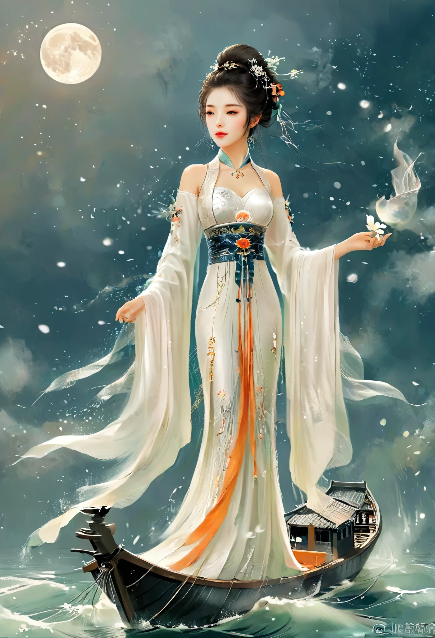 Chica anime con un vestido blanco flotando un barco en el agua，fantasía，Diosa de la luna，hermosa reina de la fantasía,  by Yang J, Chinese fantasía，hermosa chica，reina del mar Mu Yanling，Diosa de la luna，Diosa de la luna，túnica mágica que fluye，Hermosa hada maga, Por Leng Mei, ((una hermosa emperatriz de fantasía))