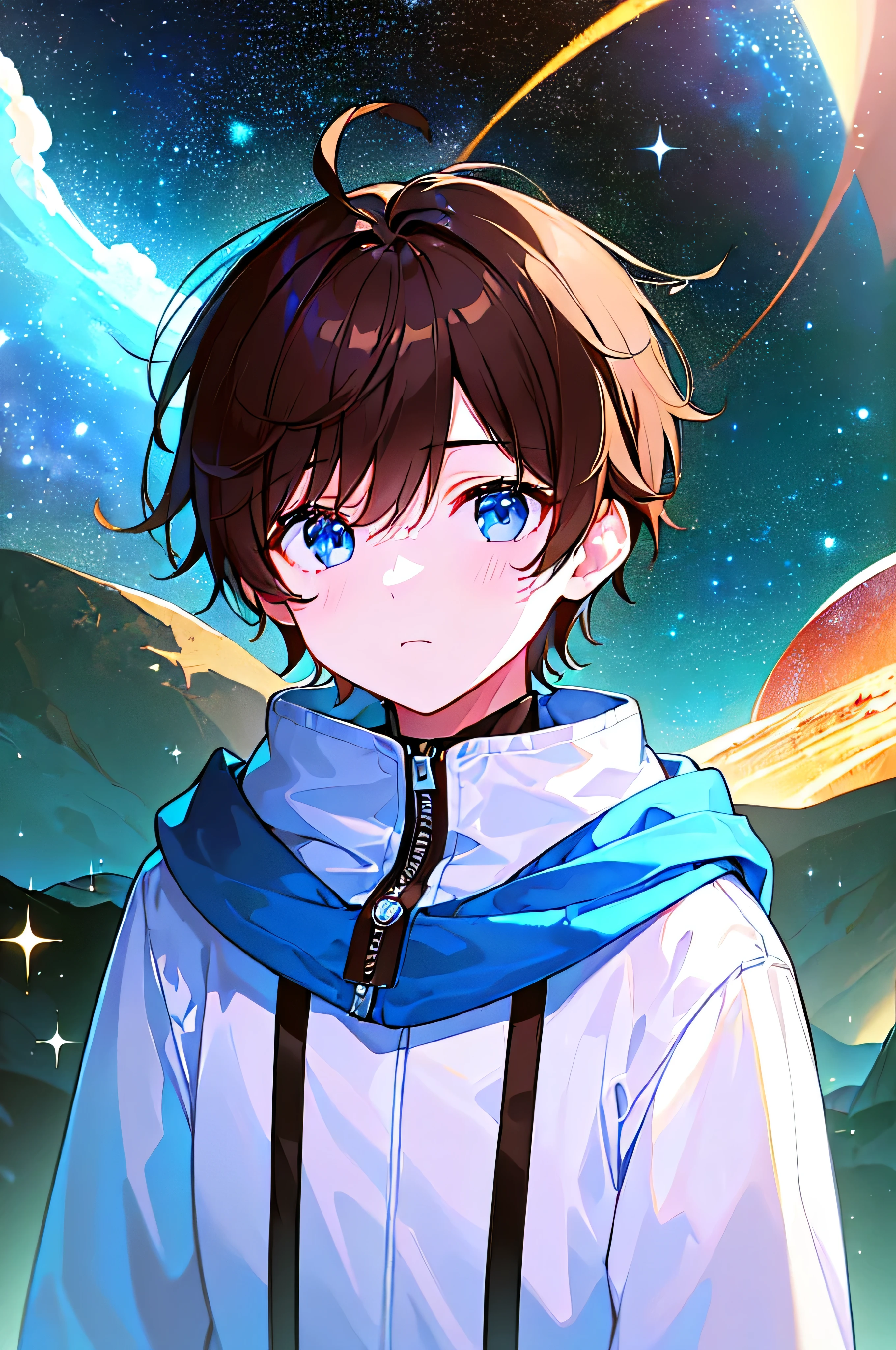 [(ATMOSPHERE SKY:1.5),::5], ((((masterpiece)))), high quality, very_high_resolution, large_filesize, full color, ((younger boy)), 13 old year, ((men's short brown hair)), vivid color, ((Blue eye)), Parka, (upper body), ((flying The GALAXY)), (star effect), anime style