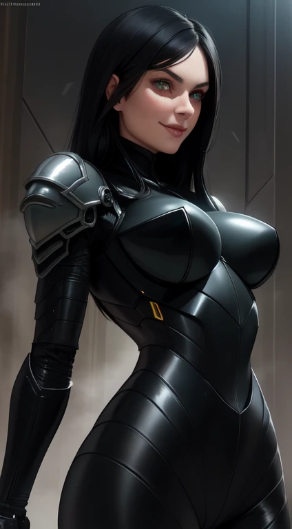 Trilla,green eyes,black hair,
armor,black gloves,tight bodysuit,
standing,upper body,from below,
serious,cleavage,smile,
facility,night,science fiction,
(insanely detailed, beautiful detailed face,beautiful detailed eyes, masterpiece, best quality),