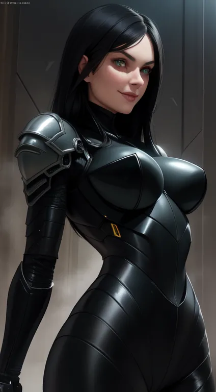 Trilla,green eyes,black hair,
armor,black gloves,tight bodysuit,
standing,upper body,from below,
serious,cleavage,smile,
facilit...