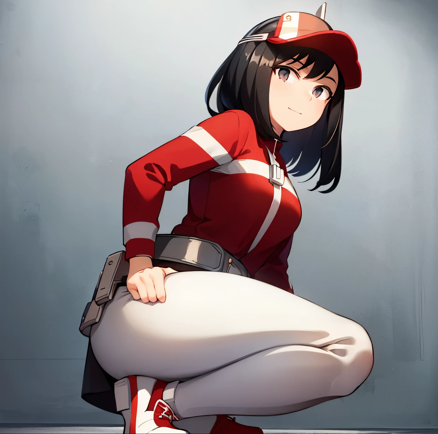 1girl, alone, yui kodai, artwork, black horse, medium hair, black eyes, smiling, embarrassed, mouth closed, teacher, best quality, (cap with visor: 1.2), (red and white jumpsuit: 1.2), long sleeves, belt, (red and white pants: 1.2), (white sneakers: 1.2) large breasts, medium waist, wide hips, medium thighs, round butt, white boots, kneeling, from behind, looking at viewer, point of view (from below ), perfect hands, perfect anatomy 