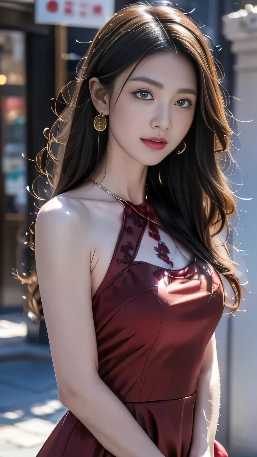 8k, original photo, Fujifilm, Stylized photo of a beautiful 45-year-old woman, square face, There is a red rose on the neck, Wearing a black lace dress with red, Gold earrings, As powerful as a spinning dove, (Very delicate skin: 1.2), Medium brown hair with light, Film Grain, 35 mm, Cute style