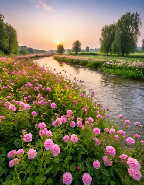 a close up of a river with flowers in the foreground, beautiful nature, stunning nature in background, really beautiful nature, ...