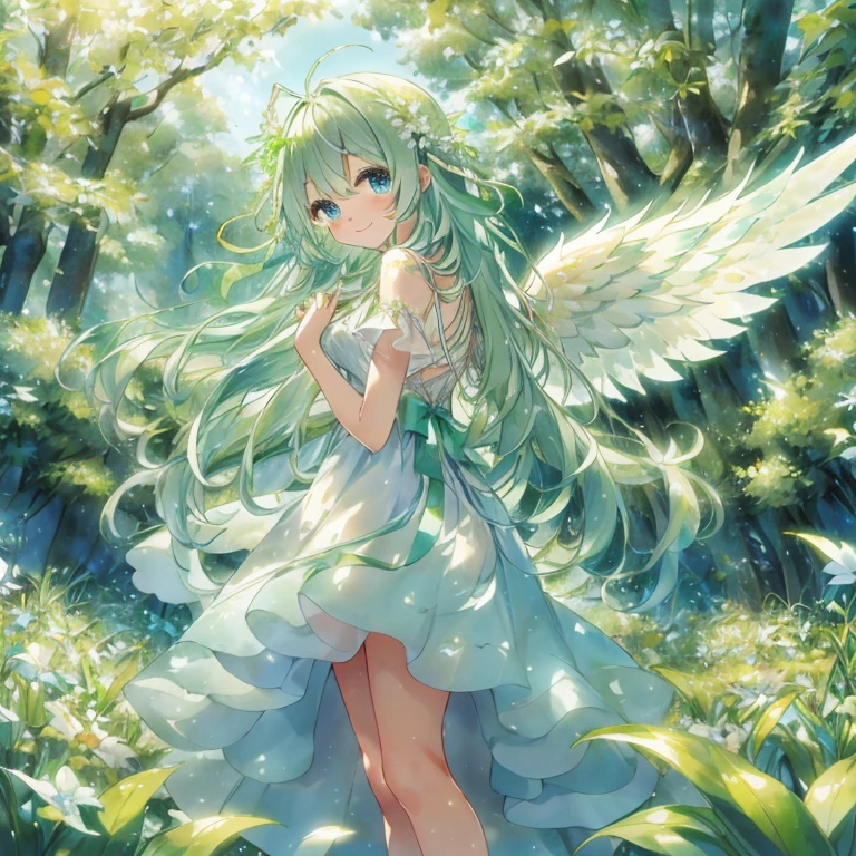 Счастливый ангел в окружении животных в красивом свежем зеленом лесу. She is a super beautiful 6 year old angel with a happy smile and a милый moe anime style. очаровательный, сверкающие большие голубые глаза, длинные ресницы, и длинные волнистые волосы, развевающиеся на ветру. носить длинные, милый, детальное платье с множеством лент, кружево, и рюши, и полупрозрачные ангельские крылья на ее спине, светящиеся волшебным светом.. The angel is surrounded by a нежный green aura of light. Общая цветовая гамма бледно-зеленая., мягко подчеркивая фантастическую атмосферу. Текстуры представляют собой комбинацию акварельных и аниме-текстур., мир, наполненный загадочным пыльным светом, милый, нежный, Выздоровление, волшебная фантазия, Высочайшее качество изображения, Высочайшее качество изображения,