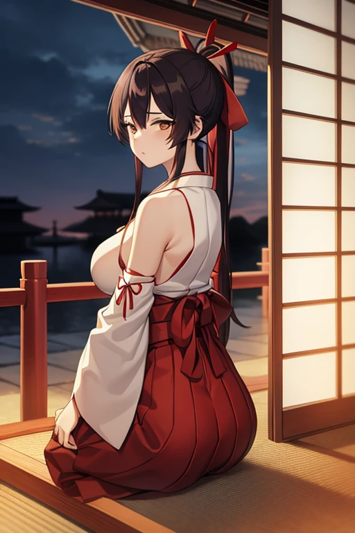 1girl, bangs, bare_shoulders, blue_sky, large breasts, brown_eyes, cloud, cloudy_sky, day, detached_sleeves, fence, hair_between_eyes, hair_ribbon, hakama, hakama_skirt, japanese_clothes, kimono, large_breasts, long_hair, looking_at_viewer, obi, railing, red_hakama, red_ribbon, ribbon, sash, shouji, sky, sliding_doors, solo, tree, veranda, white_kimono
((best quality)), ((masterpiece)), (detailed), Sagirin, back view, ass, ass shape, curved kimono, sitting,