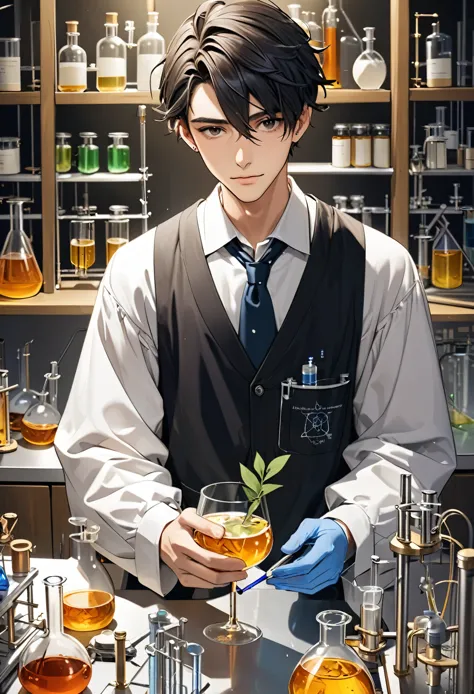 A 20-year-old man holding a glass of liquid in a laboratory, Young Researchers, He is in the alchemist&#39;s laboratory, mad Sci...