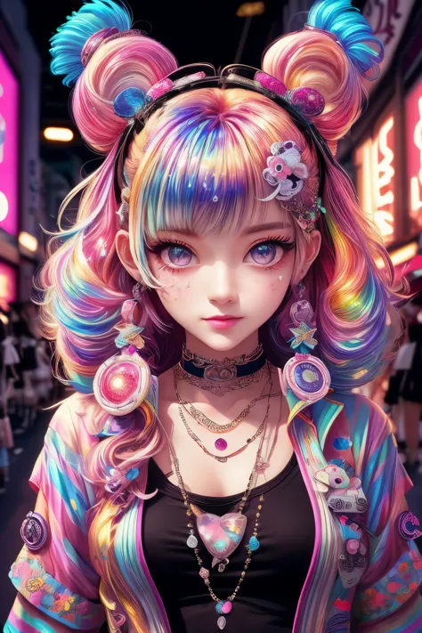 This is a colorful and ornate (masterpiece). Generate a trendy decora woman in the colorful and busy streets of Akihabara, Tokyo...