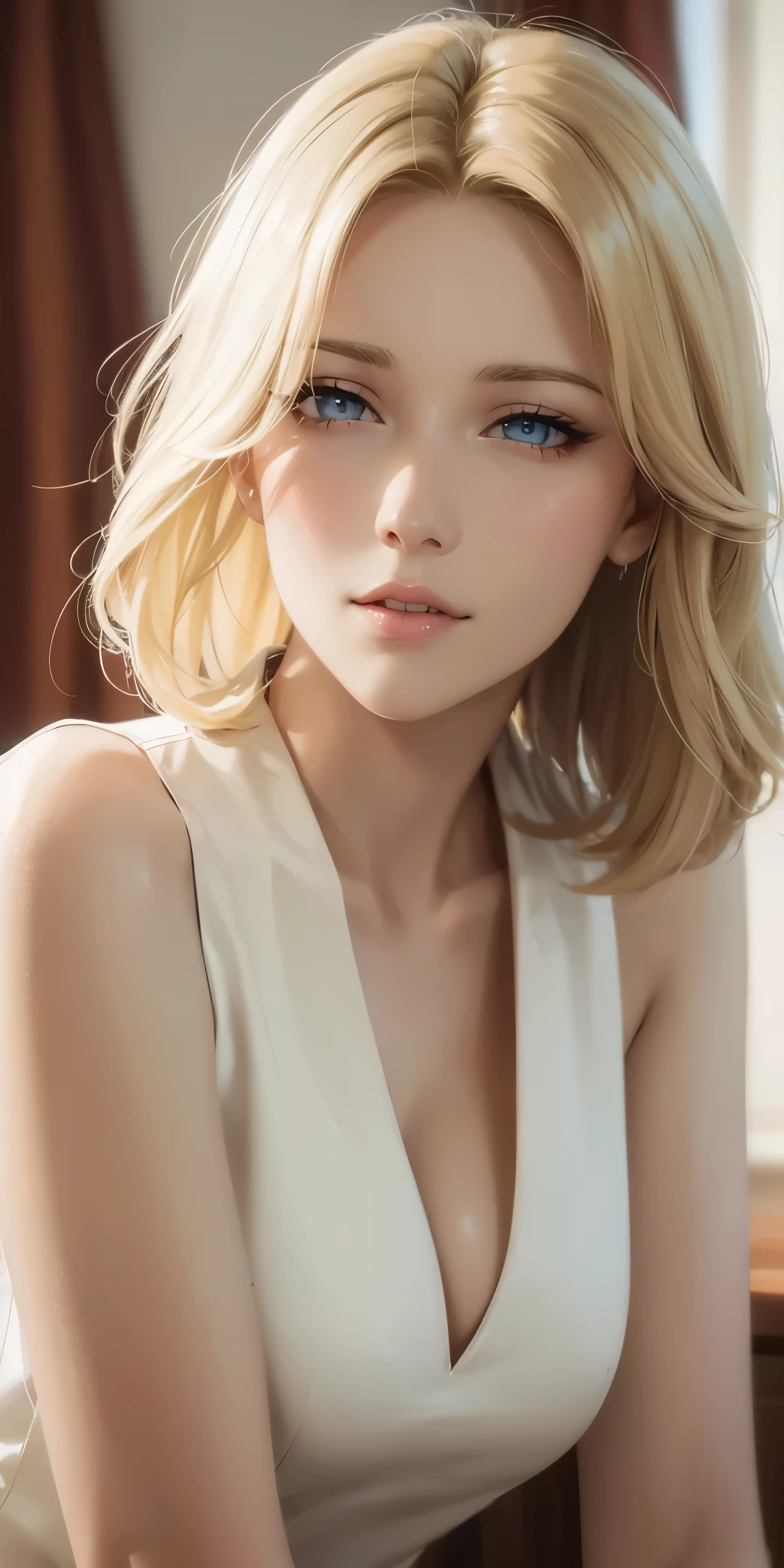 Elegant adult woman, long neck, blonde hair, short wavy hair, sleeveless clothes, cleavage, soft light, high quality, 4k resolution