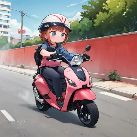 best quality, girl riding scooter, helmet