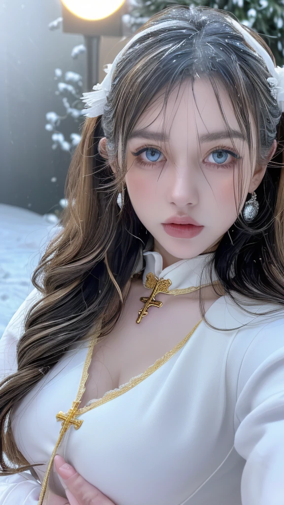 1 miniature Beautiful beautiful woman - Yuan Sayuki, ((top quality, 8K, Masterpiece:1.retty woman, 1 woman, huge breasts:1.3, a slim body:1.1, lush GINGER long hair with 2 buns, (shower, wet body, wet clothes:1.1), very detailed face, detailed lips, detailed eyes, double eyelids, Detailed blue eyes, чрезвычайно Detailed Outstanding Blue Eyes, long GINGER wet hair, GINGER wet hair, Detailed Outstanding Blue Eyes, innocent look at the viewer, very wet wavy white hair, Detailed Outstanding Blue Eyes, huge cross earrings, Outdoors, badges behind, gothic maid uniform,  sexy maid dress, bare chest, huge chest tattoo, detailed huge catholic cross earrings, chest tattoo, Outside, wear a silver cross (Detailed cross shape), reality mode, wet breasts, black necklace, human crowd behind, black latex gloves, hair of white snowy colour, night time, red neon lights, demonic nun, nimbus (golden lighting ring above her head), angel, snowy weather, sexy pose, white lingerie, black maid dress, detailed flower wreath made of different colours, open chest