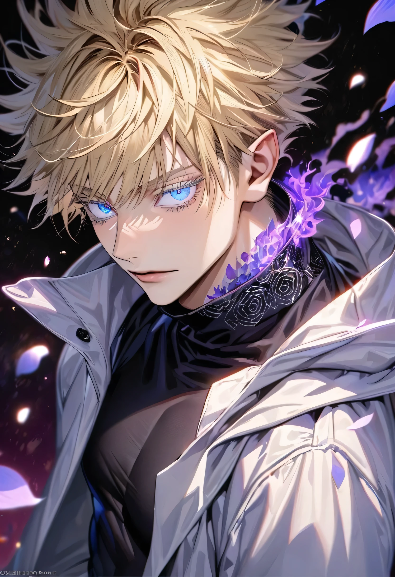 Anime guy with blonde hair and blue eyes in a black and white outfit -  SeaArt AI