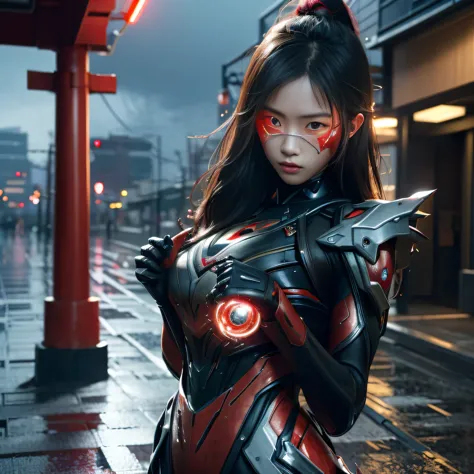 1 japanese girl, warframe, complex patterns, heavy metals, energy line, the faceless, glowing eyes, elegant, intense, blood red ...