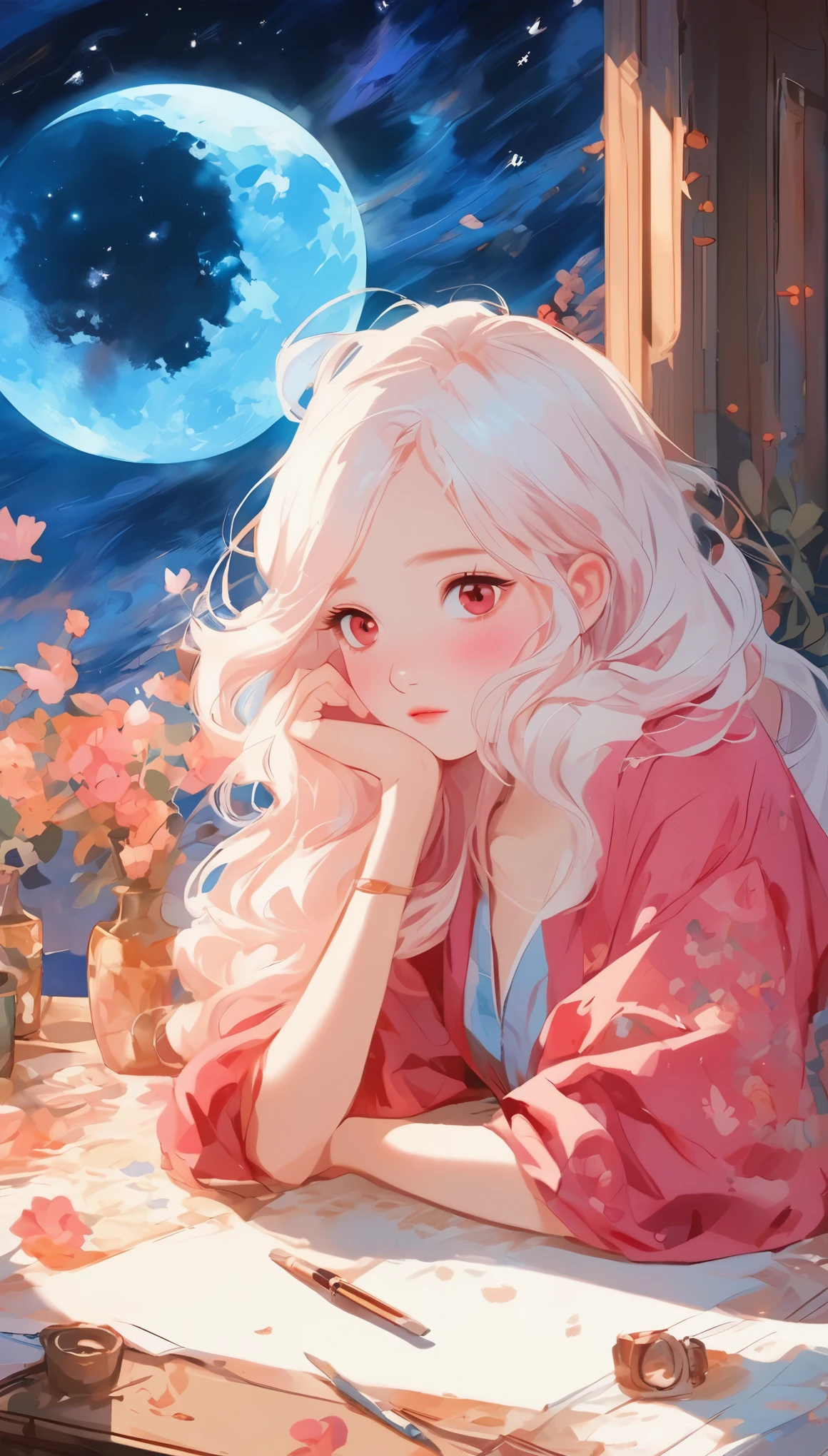 Be a girl with a pink complexion, beautiful eyes (Red Eyes) Deep as the night sky, Half of a sad face lying on the table, white hair, Watching you, There is anime/Semi-realistic art style  