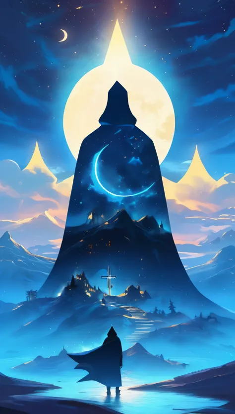 Surreal landscape under moonlight, Features a hooded silhouette and faceless features. Glowing glyphs and symbols enhance the si...