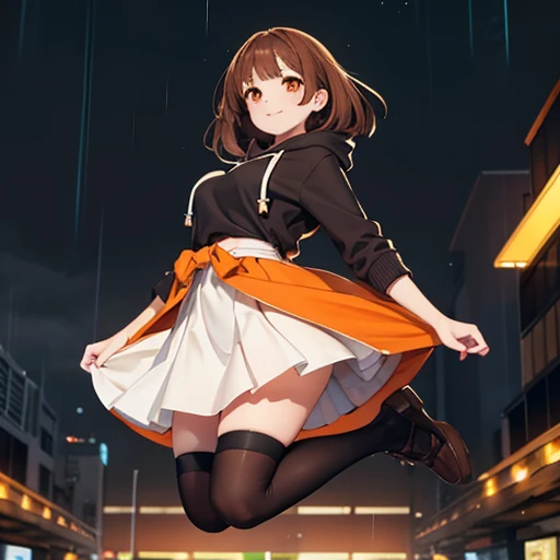 Smiling woman jumping out,Orange eyes,Brown medium hair,heavy rain(Oversized off-white hoodie,Long skirt and black tights)