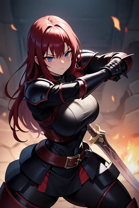 red hair, anime girl, blue eyes, knight, black armor, carrying sword, strong, muscular, thick thighs, big butt, big breasts, fig...