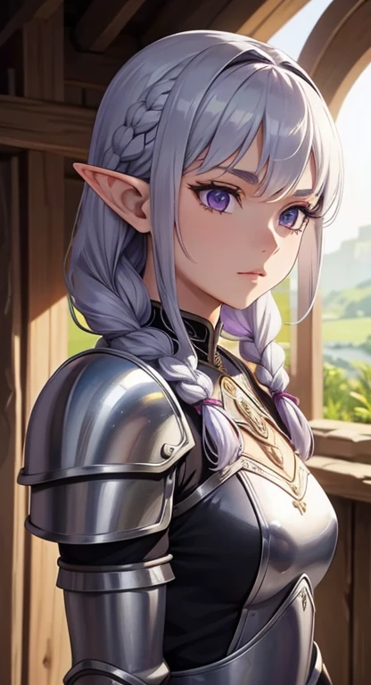 masterpiece, best quality, solo, warrior, braids, purple eyes, silver hair, elf princess, armor,